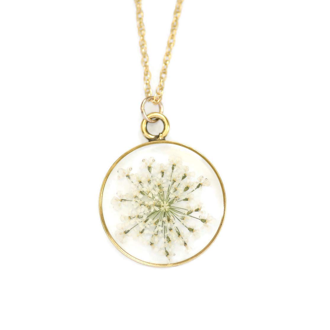 Olive Bella Handmade Pressed White Flower Necklace for Women Queen Anne’s Lace 14k Gold Filled Chain 18 inches