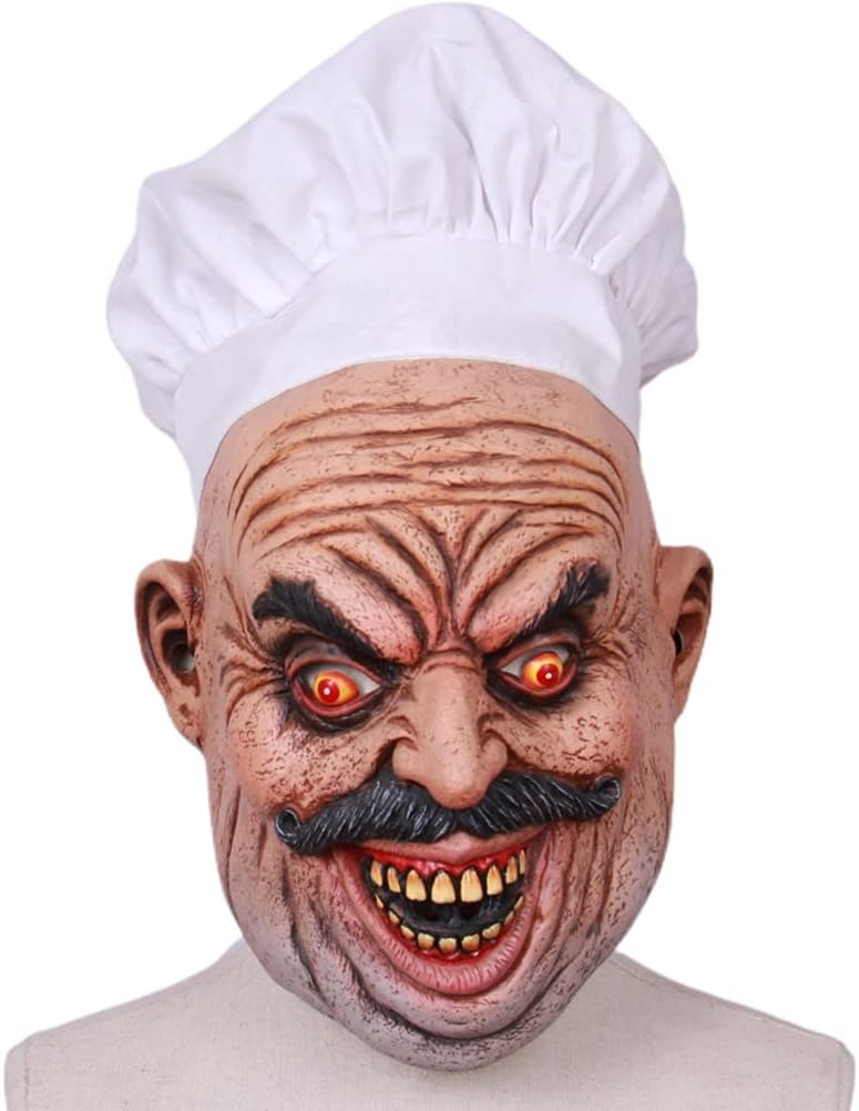 Yeahii Máscara realista de látex barbudo para chef, carnicero, Halloween, casa encantada, fantasma, mascarada, cosplay, accesorios aterradores