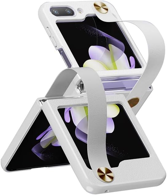 Funda con correa de muñeca para Galaxy Z Flip5, cuero clásico sobre duro a prueba de golpes, PC con pulsera ajustable, funda de protección para
