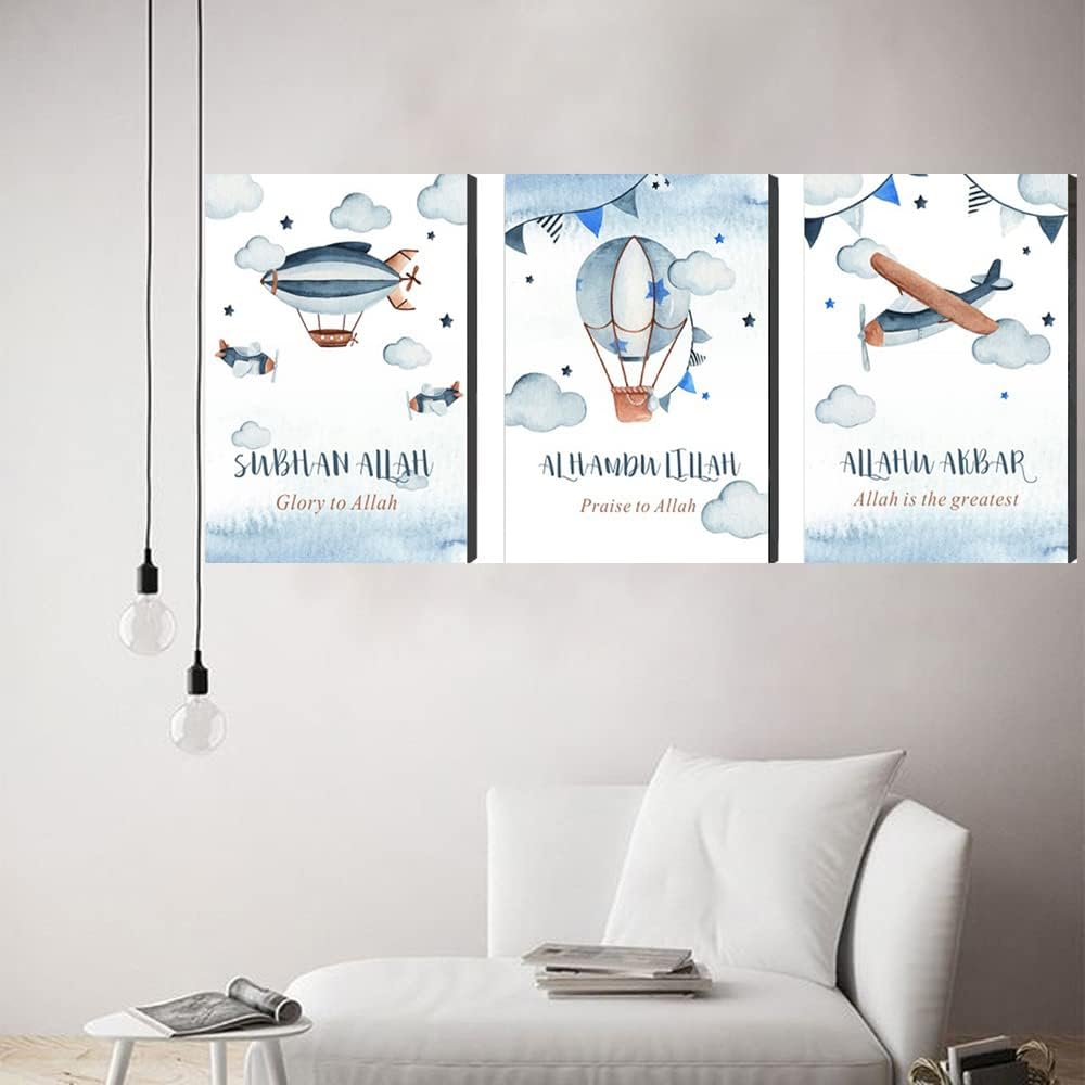 3 piezas de arte islámico de pared de vivero pintura de lienzo de dibujos animados avión pequeño mural musulmán impresión de póster niño bebé para