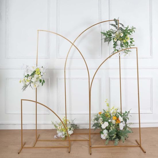 TABLECLOTHSFACTORY – Juego de 4 soportes de metal dorado para telón de fondo de arco de boda, marco floral de media luna, 2.5 pies, 5 pies, 6.5 pies