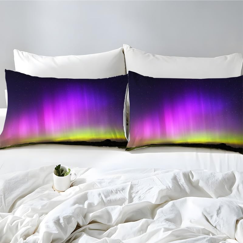 Juego de funda de edredón tamaño individual con estampado de paisaje de Aurora morada, funda de edredón de microfibra suave y 2 fundas de almohada