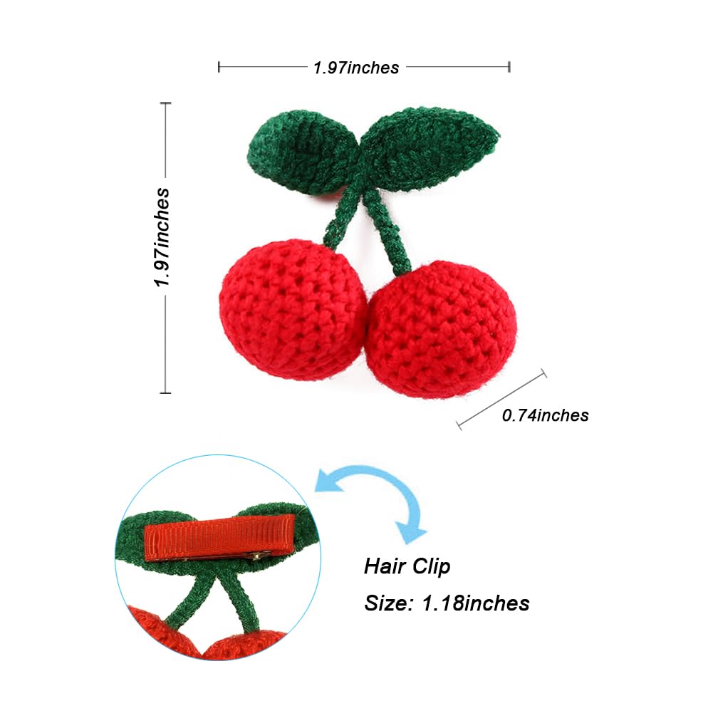 2Pcs Girls Hair Clips, Handmade Crochet Sweet Cherry Shape Hair Barrettes, Manual Knitted Cute HairPins Alligator Clip Hand-Woven Creative Hair