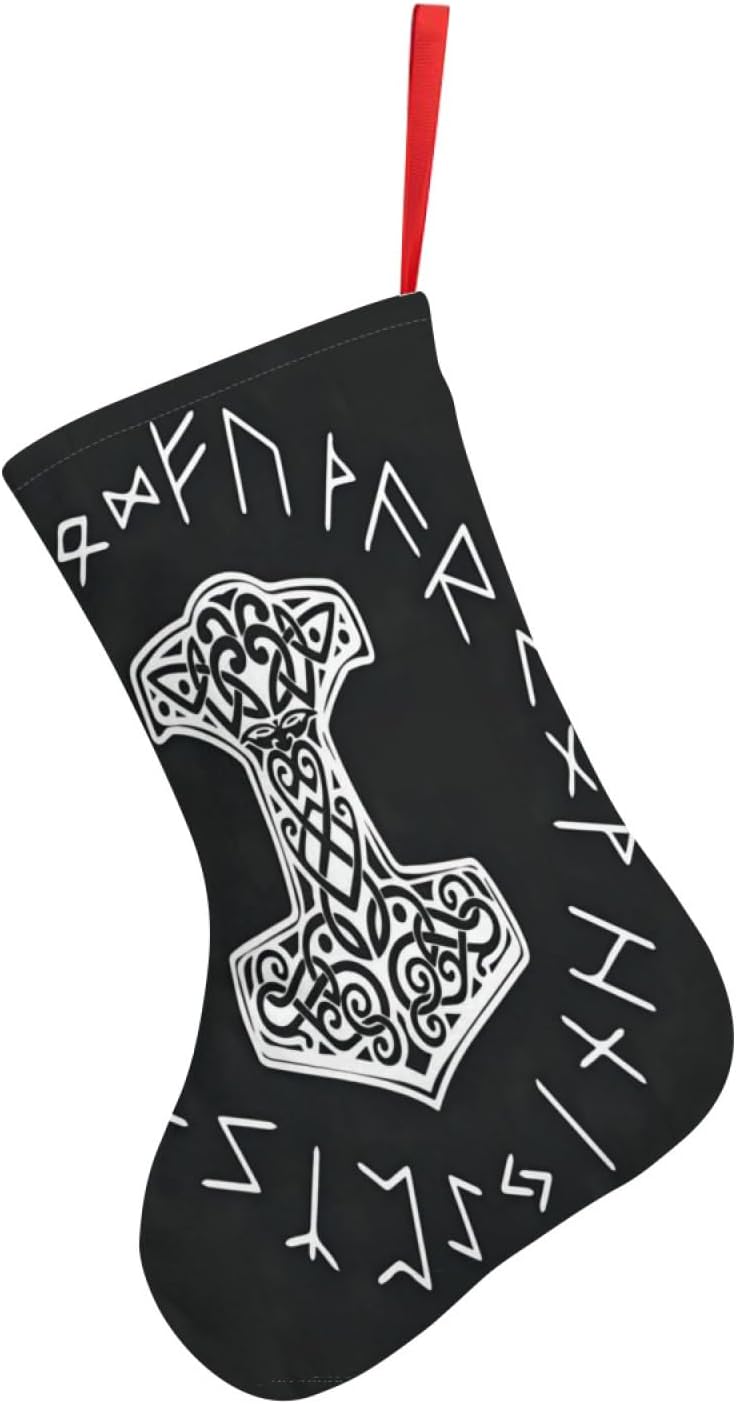 Medias de Navidad Vikingos Mjolnir, rueda de runa nórdica, símbolo de mitología nórdica, árbol de Navidad, decoraciones colgantes (10 pulgadas).