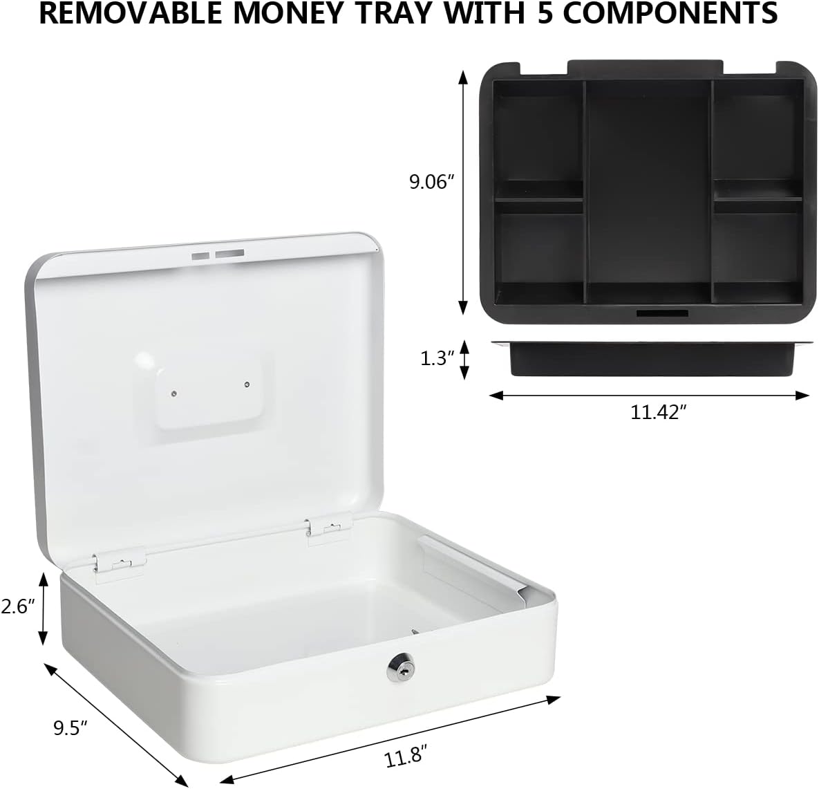 Kasten Caja de dinero de metal con bandeja de dinero y cerradura de llave, caja de dinero para ahorrar en efectivo, 11.8 x 9.5 x 3.5 pulgadas,