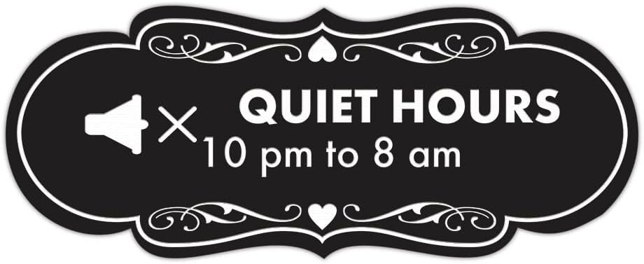Signs ByLITA Señal de diseño Quiet Hours de 10 pm a 8 am (negro) – Grande