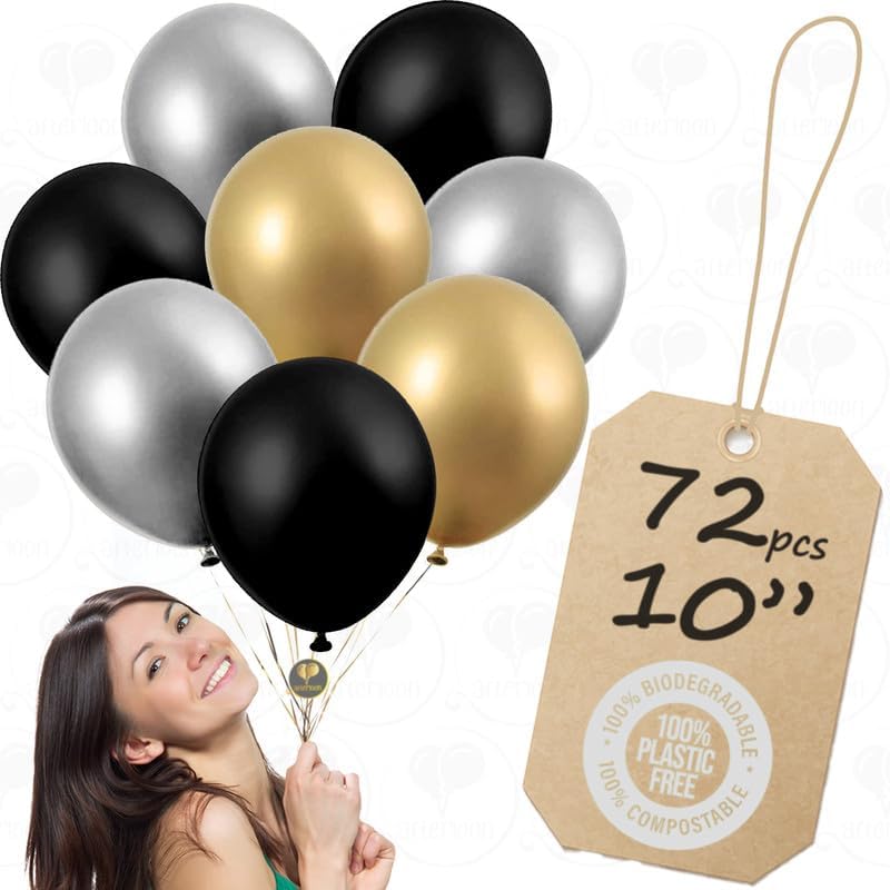 AFTERLOON Globos biodegradables perlado doradoplatanegro de 10 pulgadas, color perla de 10 pulgadas, paquete de 72 flotadores de helio de látex
