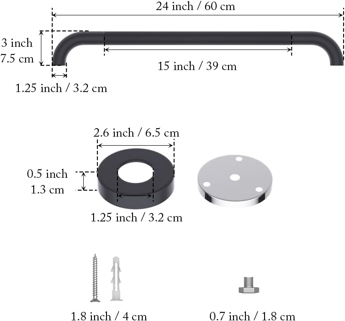 Barra de agarre antideslizante de 24 pulgadas para ducha, color negro aceitado de 1.25 pulgadas de diámetro, barra de agarre para baño, barra de