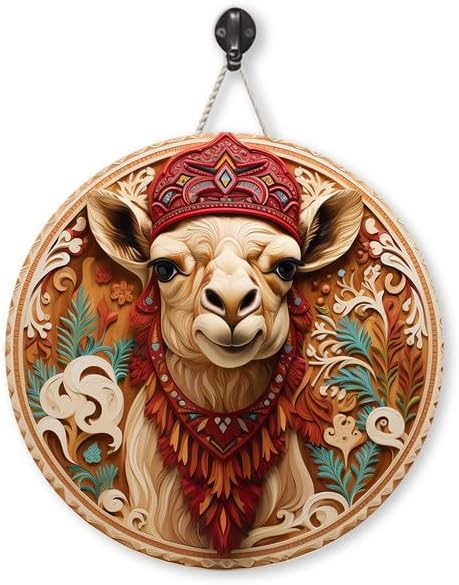 Camel With Christmas Hat Retro Custom Wood Signs for Home Decor, Door Hanger Wood Sign, Hanging Sign Wall
