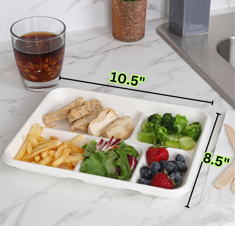 ECORIYO Platos de papel divididos  Paquete de 50 platos desechables resistentes con compartimento  Platos desechables compostables de caña de azúcar