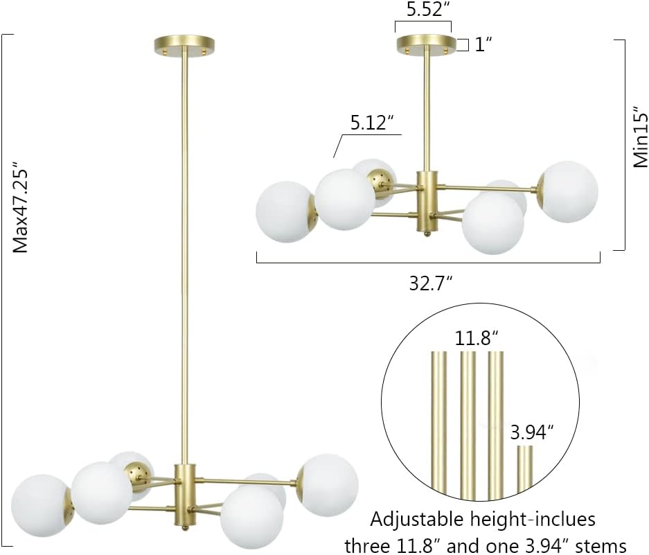 Candelabro de 6 luces doradas, lámpara moderna con pantalla de cristal de globo, lámpara de mediados de siglo para comedor, cocina y dormitorio