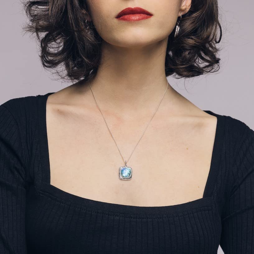 Joolala Patina Roman Glass Pendant, Sterling Silver Womens Necklace, 925 Sterling Silver, Oxidized Finish, Elegant and Stylish, Ideal Gift for Her