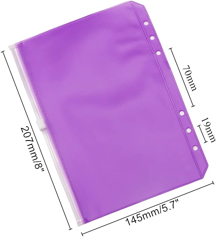 Carpeta de PVC púrpura con bolsillos, 12 unidades, tamaño A5, con cremallera, hojas sueltas, 6 agujeros, organizador de PVC con cremallera, para