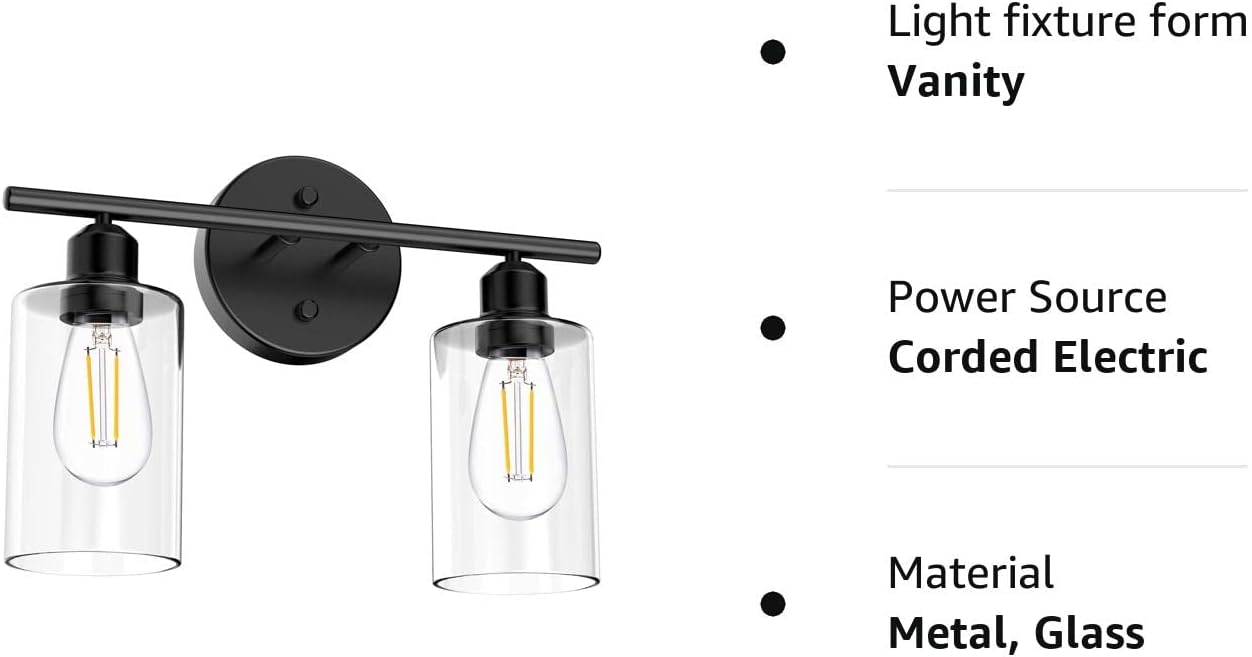 Lámparas de baño, 2 luces de tocador de baño, apliques de pared negros con pantalla de vidrio transparente, luces de pared de baño para espejo,