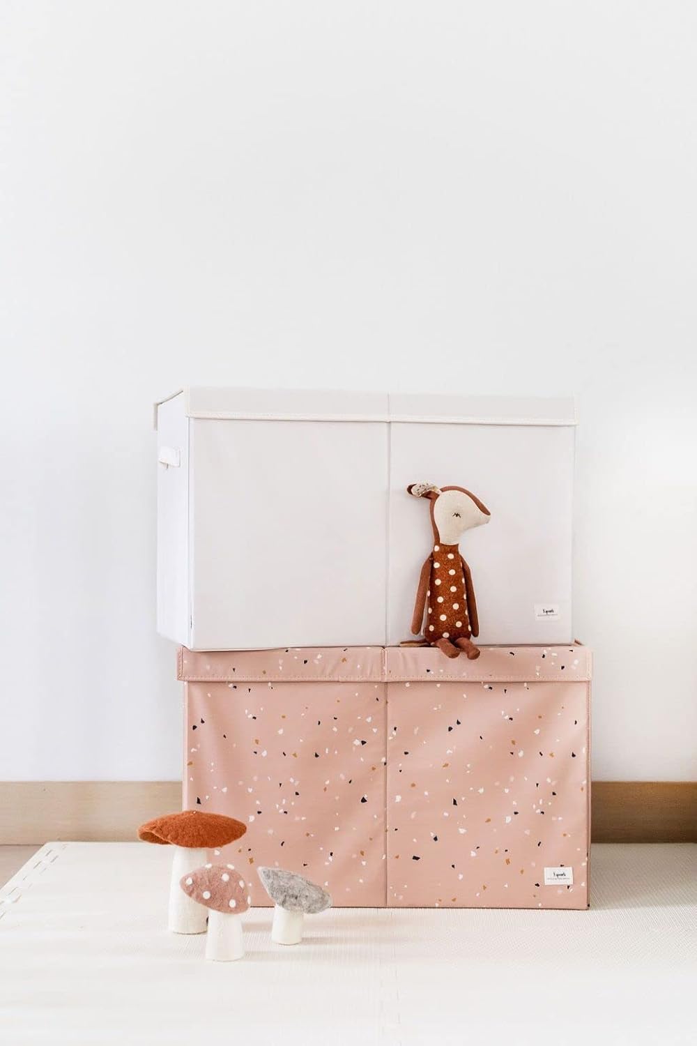 3 Sprouts Organizador de pecho plegable de tela reciclada en color crema – Contenedor de cesta de almacenamiento plegable con tapa y asas