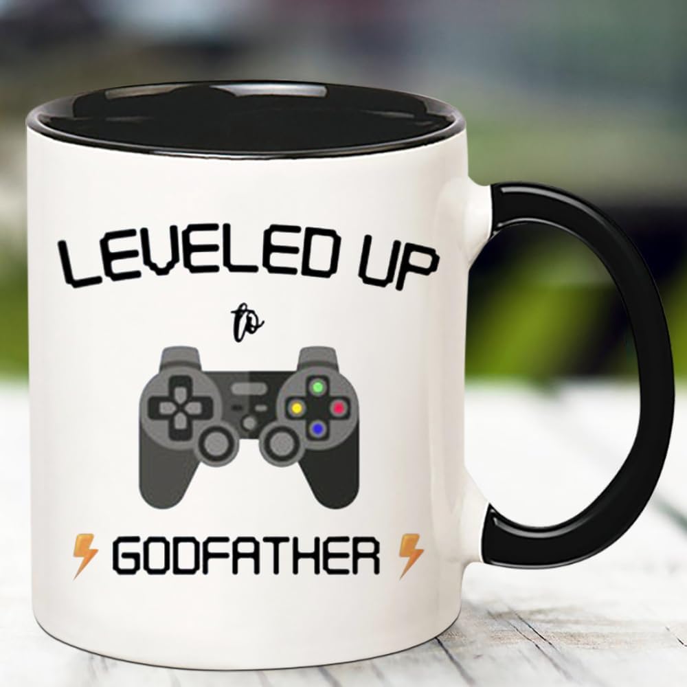 Taza de café Leveled Up To Godfather para jugadores, taza de café novedosa de 11 onzas