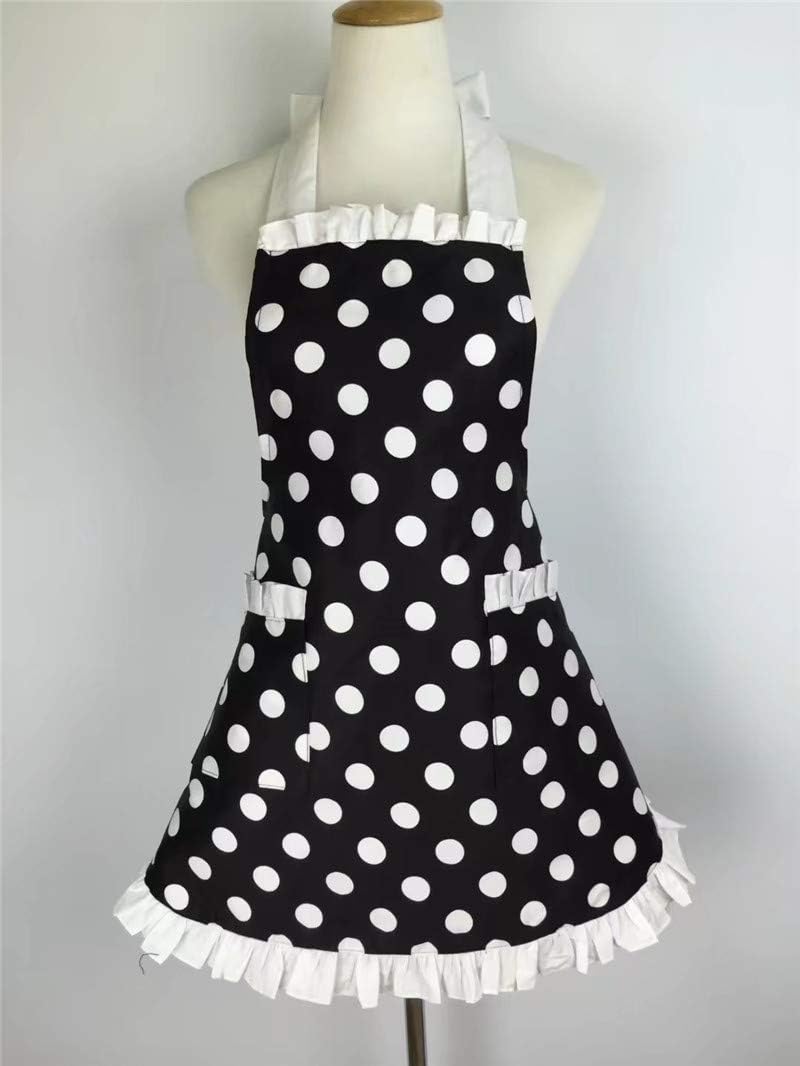 Hyzrz Lindo delantal retro negro con lunares retro con volantes laterales, delantales de cocina vintage con bolsillos para mujeres y niñas (lado