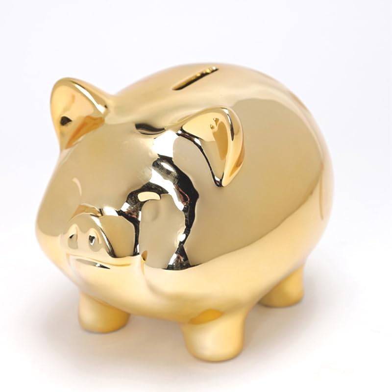 Banco de dinero de cerámica para niños, tarro de almacenamiento de monedas, tarro de cumpleaños (alcancía – dorado)