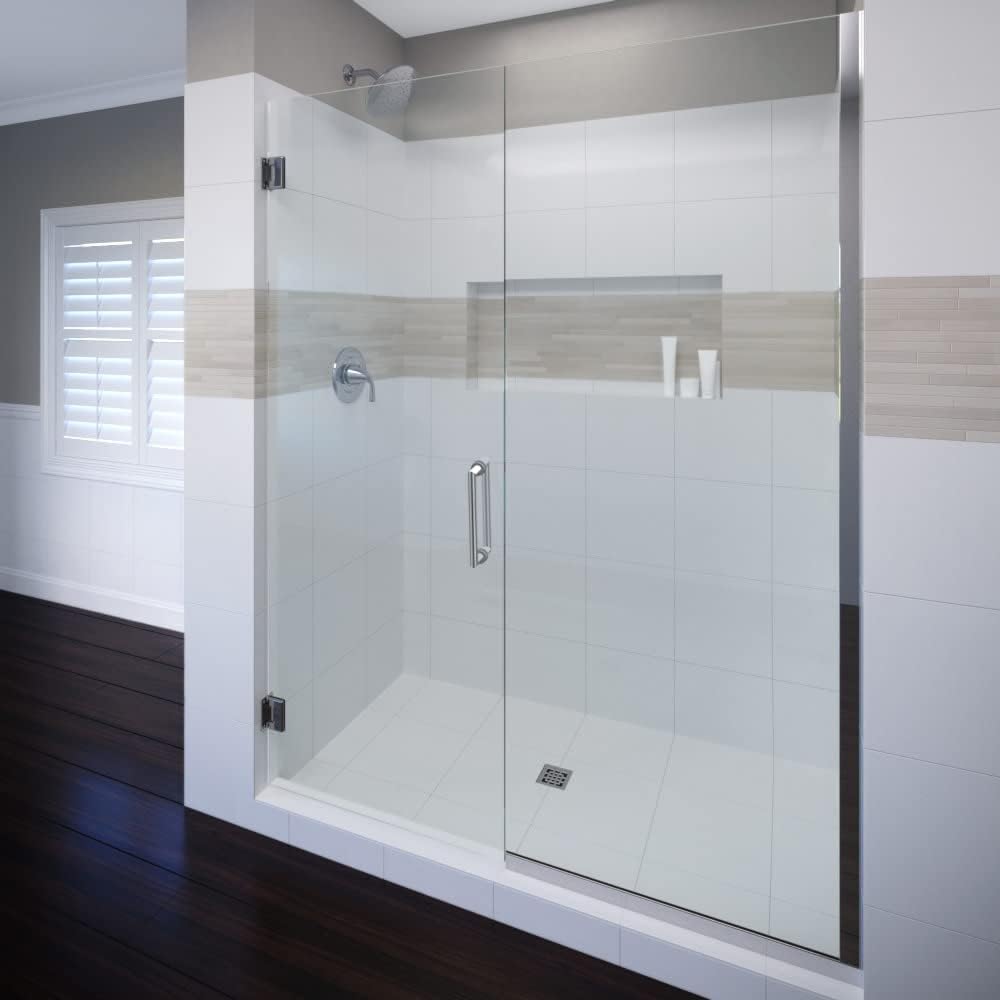 Miseno MSDF5876-SWING – Puerta de ducha sin marco con bisagras de 76 pulgadas de alto x 58 pulgadas de ancho con vidrio transparente, níquel