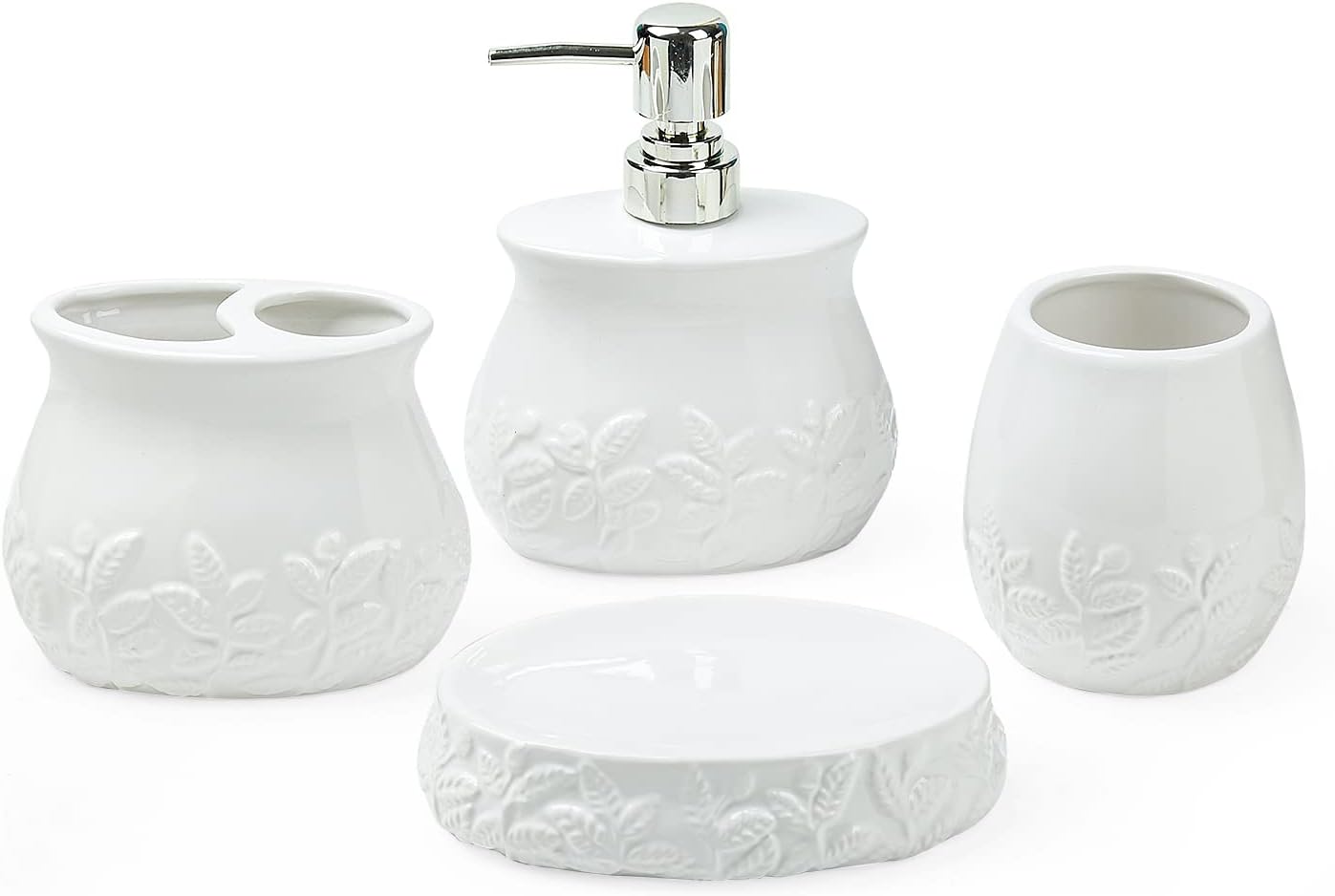 Juego de accesorios de baño de hojas en relieve de cerámica, conjunto de baño de 4 piezas con soporte para cepillos de dientes, taza para cepillos