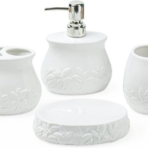 Juego de accesorios de baño de hojas en relieve de cerámica, conjunto de baño de 4 piezas con soporte para cepillos de dientes, taza para cepillos Juego de accesorios de baño de hojas en relieve de cerámica, conjunto de baño de 4 piezas con soporte para cepillos de dientes, taza para cepillos