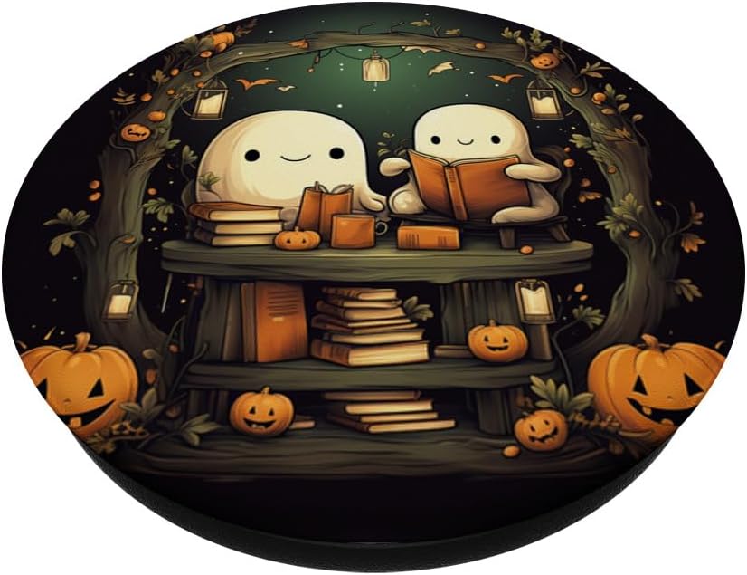 Libros de lectura de fantasmas lindos para Halloween, bosque, calabaza, librería, PopSockets, PopGrip estándar