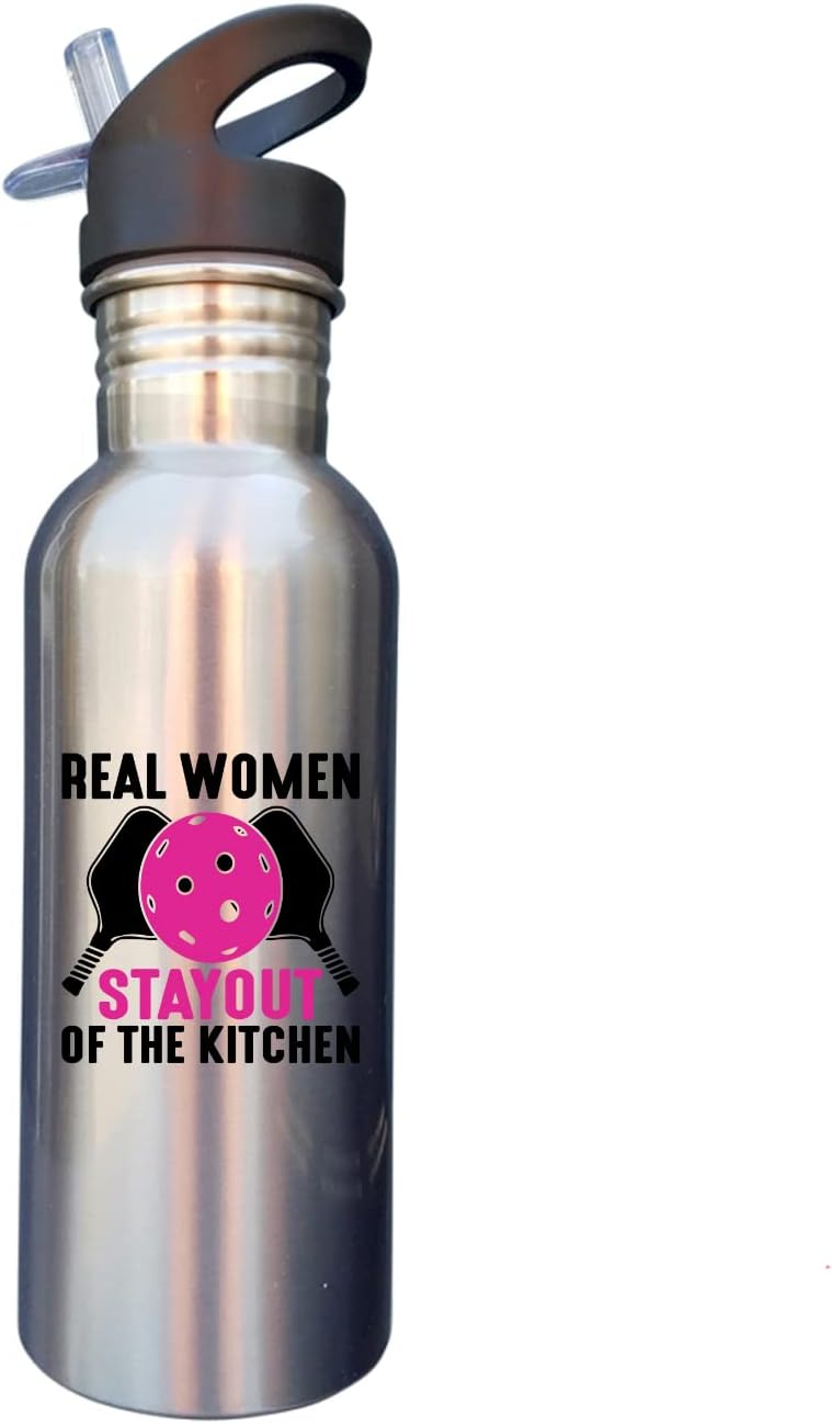 Pickleball Real Women Stayout of the Kitchen – Botella de agua deportiva de acero inoxidable de 20 onzas con tapa de popote