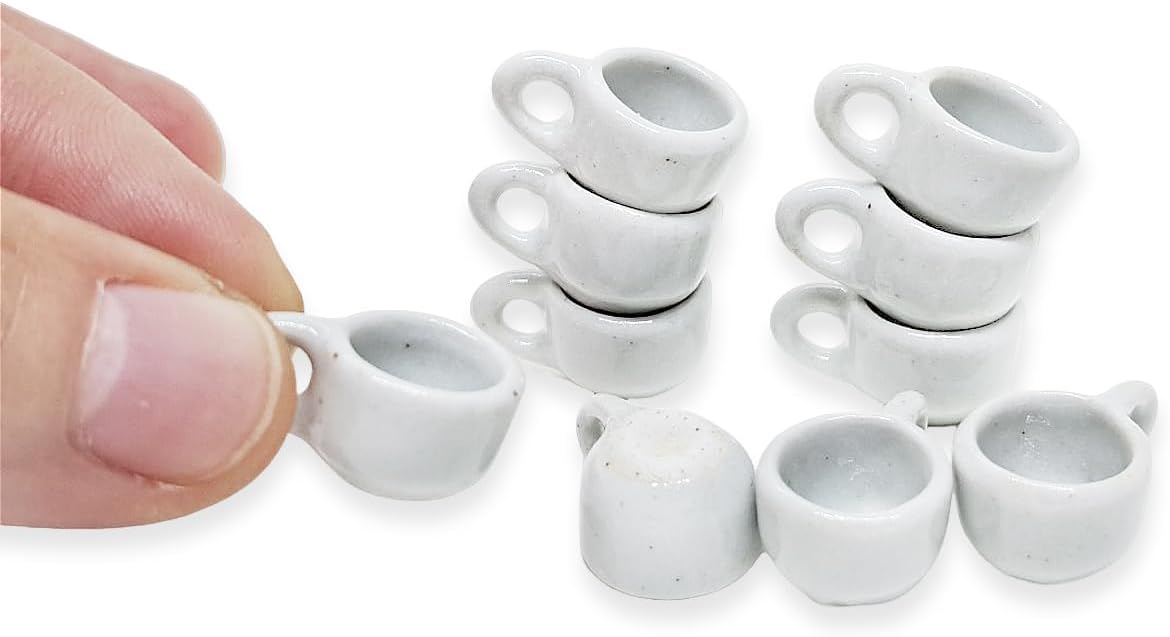 Juego de 10 vasos de cerámica blanca de alto de pulgada de alto, vajilla pequeña, vajilla en miniatura, cuencos, cubiertos, utensilios de cocina,
