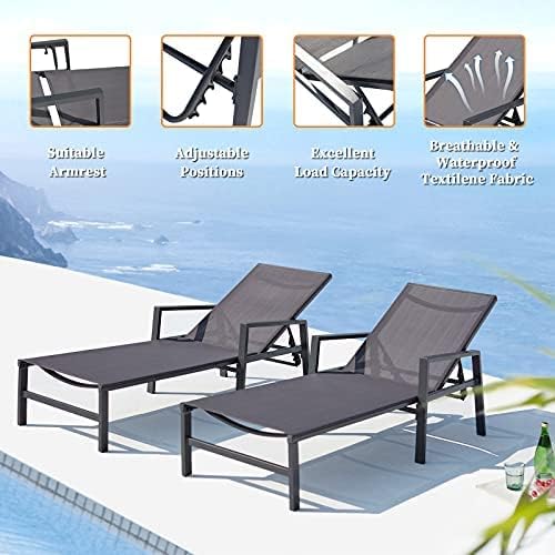Juego de 2 sillas de patio al aire libre, tumbona de aluminio para exteriores con 5 posiciones de respaldo ajustables, tumbonas de patio al aire