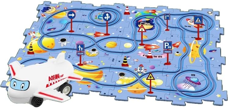 PowerTRC Rompecabezas de coche de ferrocarril de plástico con un avión y señales de tráfico  Montessori educativo imaginativo aprendizaje
