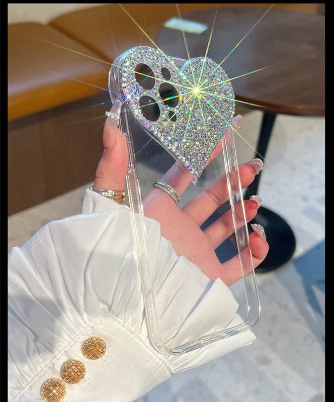 Funda transparente con purpurina compatible con iPhone 15, diseño de corazón 3D con diamantes de imitación femeninos brillantes y corazones