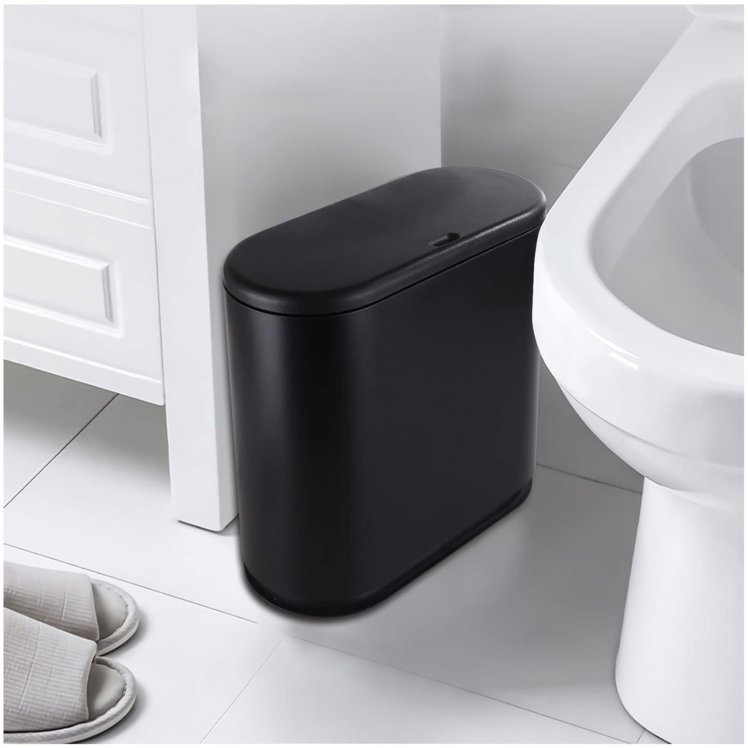 ABuff Cubo de basura pequeño de 12 L con tapa tipo prensa, contenedor de basura delgado de 3.17 galones, cesta de basura de plástico negro para