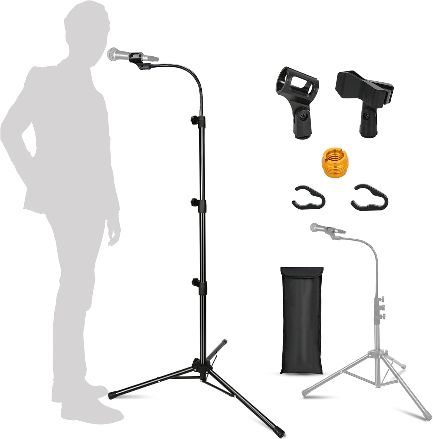 Soporte para micrófono, trípode con cuello de cisne, altura ajustable de 24 a 67 pulgadas, con 2 clips de micrófono para cantar, escenario,