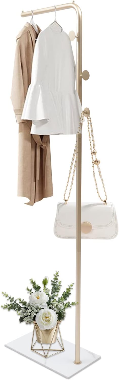 Perchero de metal independiente, moderno árbol de ropa con base de mármol natural, perchero de metal con 3 ganchos para entrada y esquina, perchero