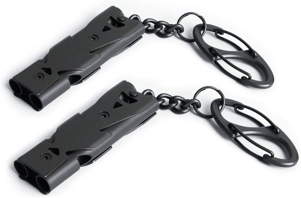 Silbato de emergencia, llavero silbato de violación, silbatos de alta decibelión de acero inoxidable (silbato de tubos dobles  pistola, 2 unidades)