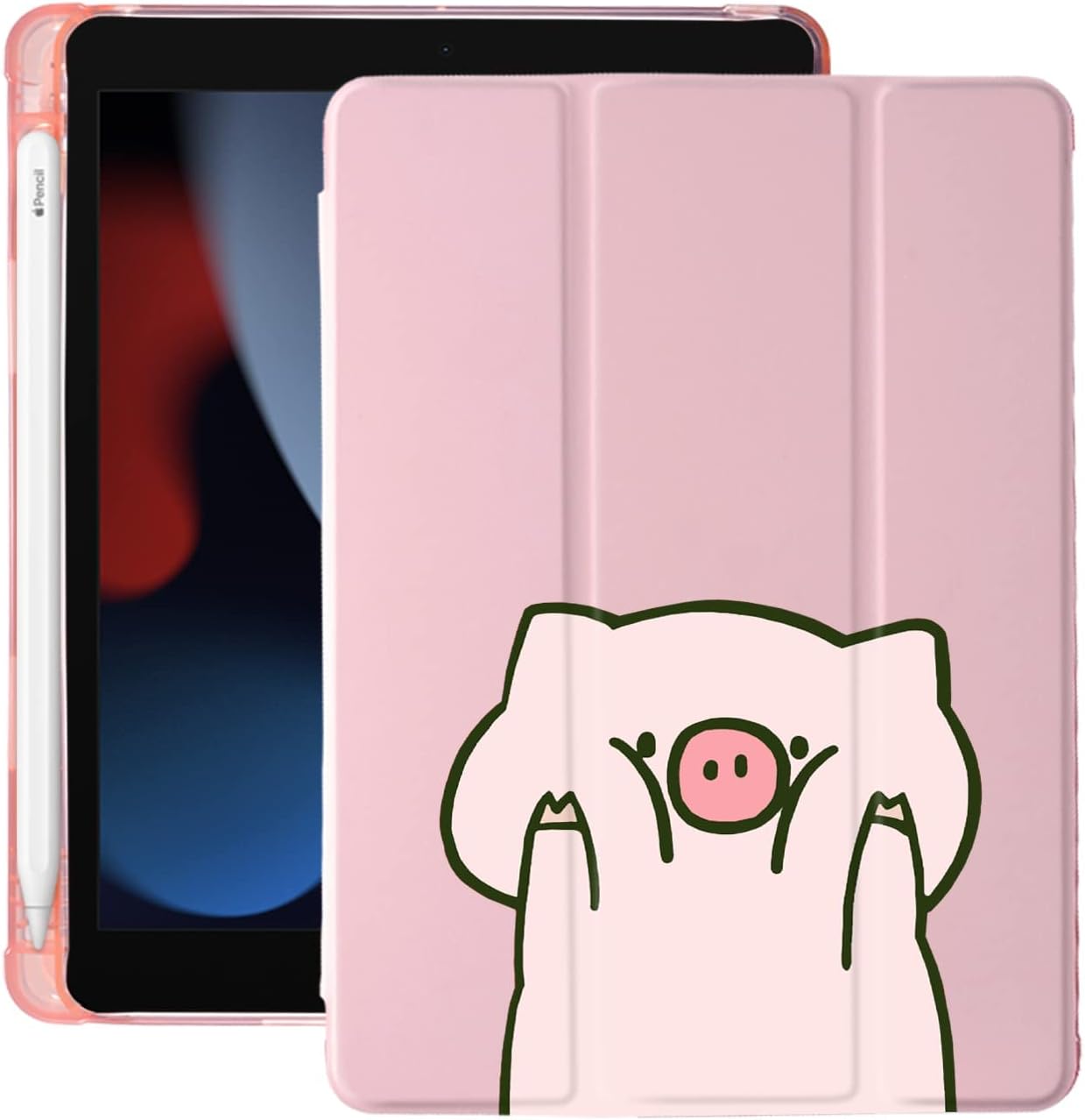 Lindo cerdo de dibujos animados para iPad Mini 5 con soporte para lápiz, apagado automáticoactivación, cubierta trasera de TPU suave de cuero rosa