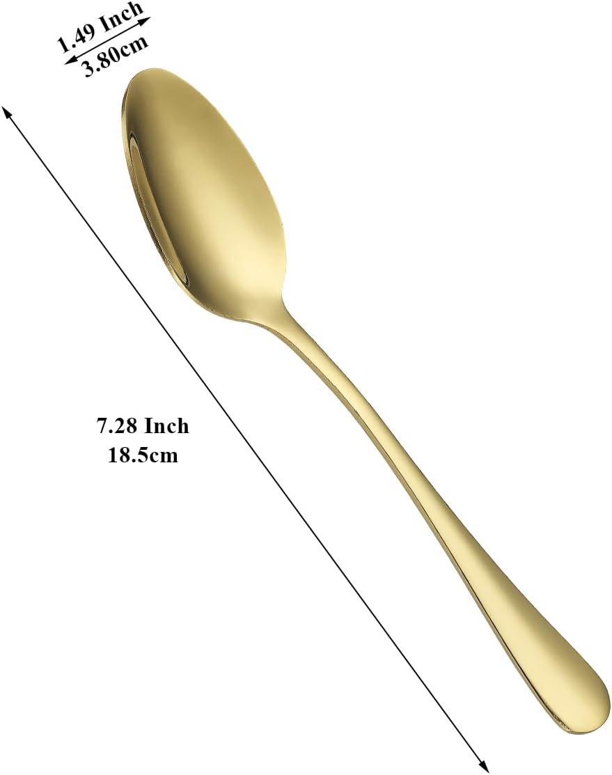 Cucharas doradas de 12 piezas, cucharas de acero inoxidable chapado en titanio dorado de 7.28 pulgadas, cucharas de postre, cuchara de mesa,