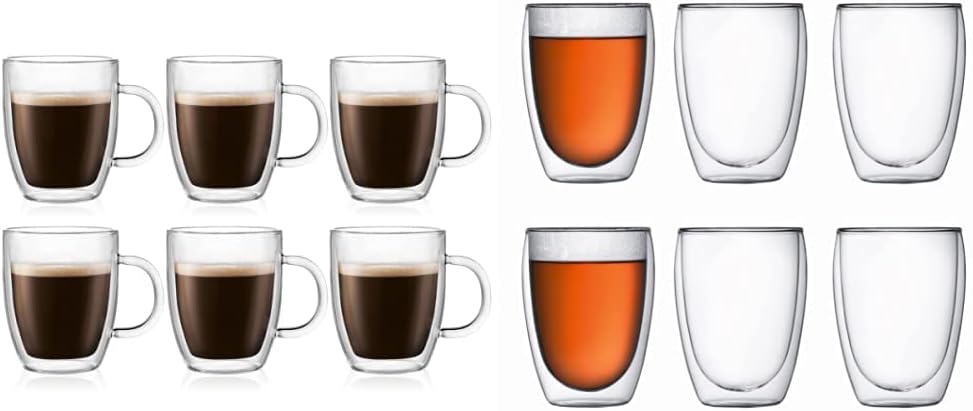 Bodum Bistro – Taza de café, 10 onzas (paquete de 6), transparente y 4559-10-12US Bodum Pavina – Vasos con aislamiento de doble pared, 12 onzas