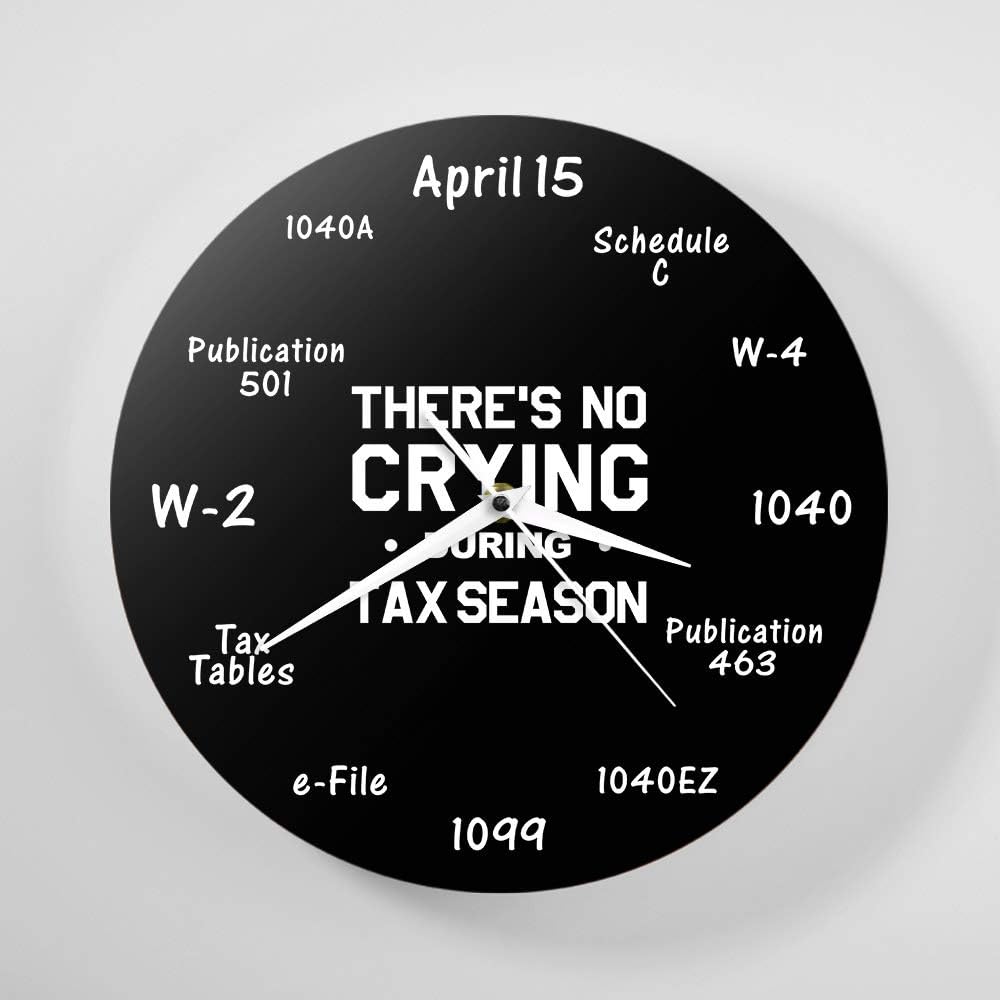 Reloj de temporada de impuestos, 12 x 12 pulgadas, negro, analógico, funciona con pilas, movimiento de cuarzo, tic silencioso, divertida decoración