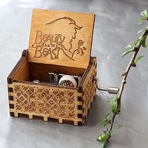 Caja de música de madera con manivela de la Bella y la Bestia, caja de música – Regalo único (madera, La Bella y la Bestia)