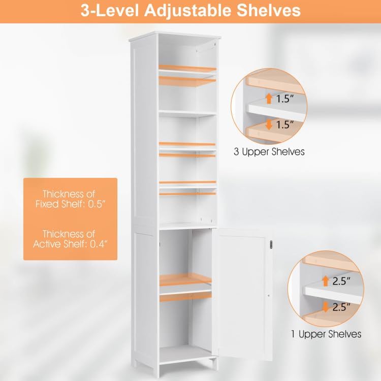 Safeplus Gabinete de almacenamiento de baño de 72 pulgadas de alto, organizador de torre independiente con estantes ajustables y puerta (blanco)