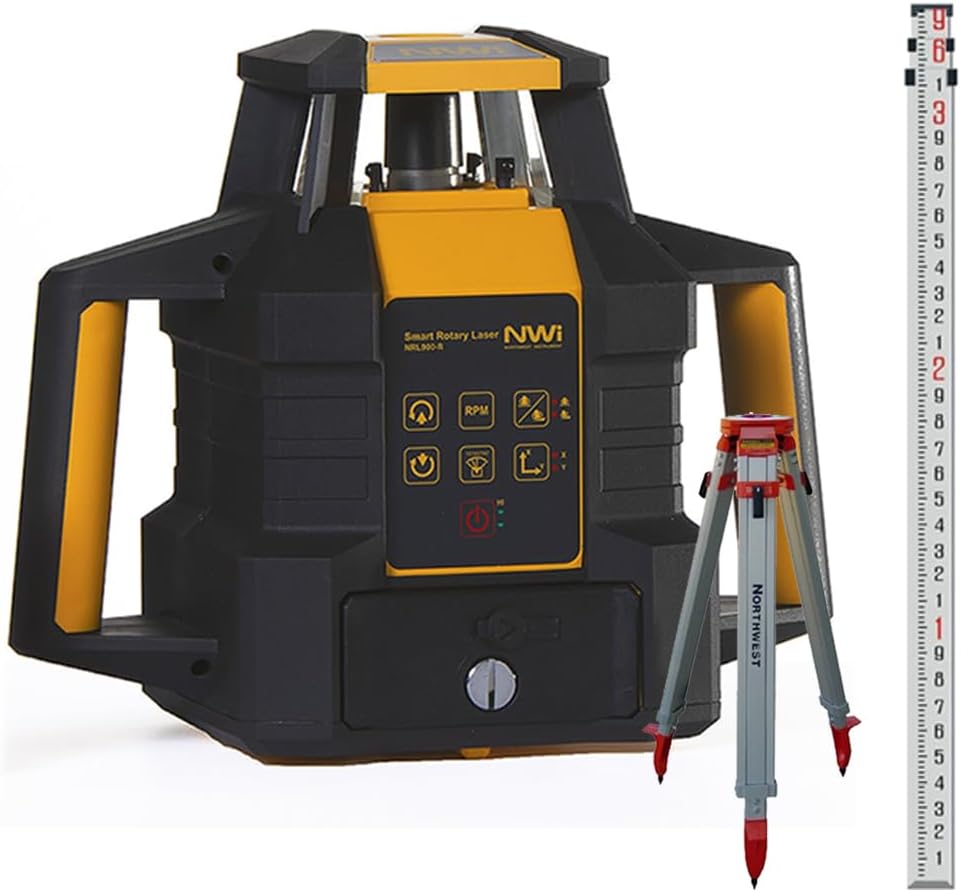 NWI NRL900-GK Láser rotativo, trípode resistente y varilla de grado (GK Aluminum 9′ Varilla en décimas)