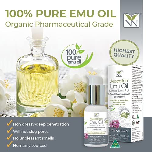 Y-Not Natural – Aceite de emú orgánico farmacéutico 100% puro, 2.0 fl oz, aceite aborigen Omega 3, 6 y 9 de corral libre infundido con geranio rosa