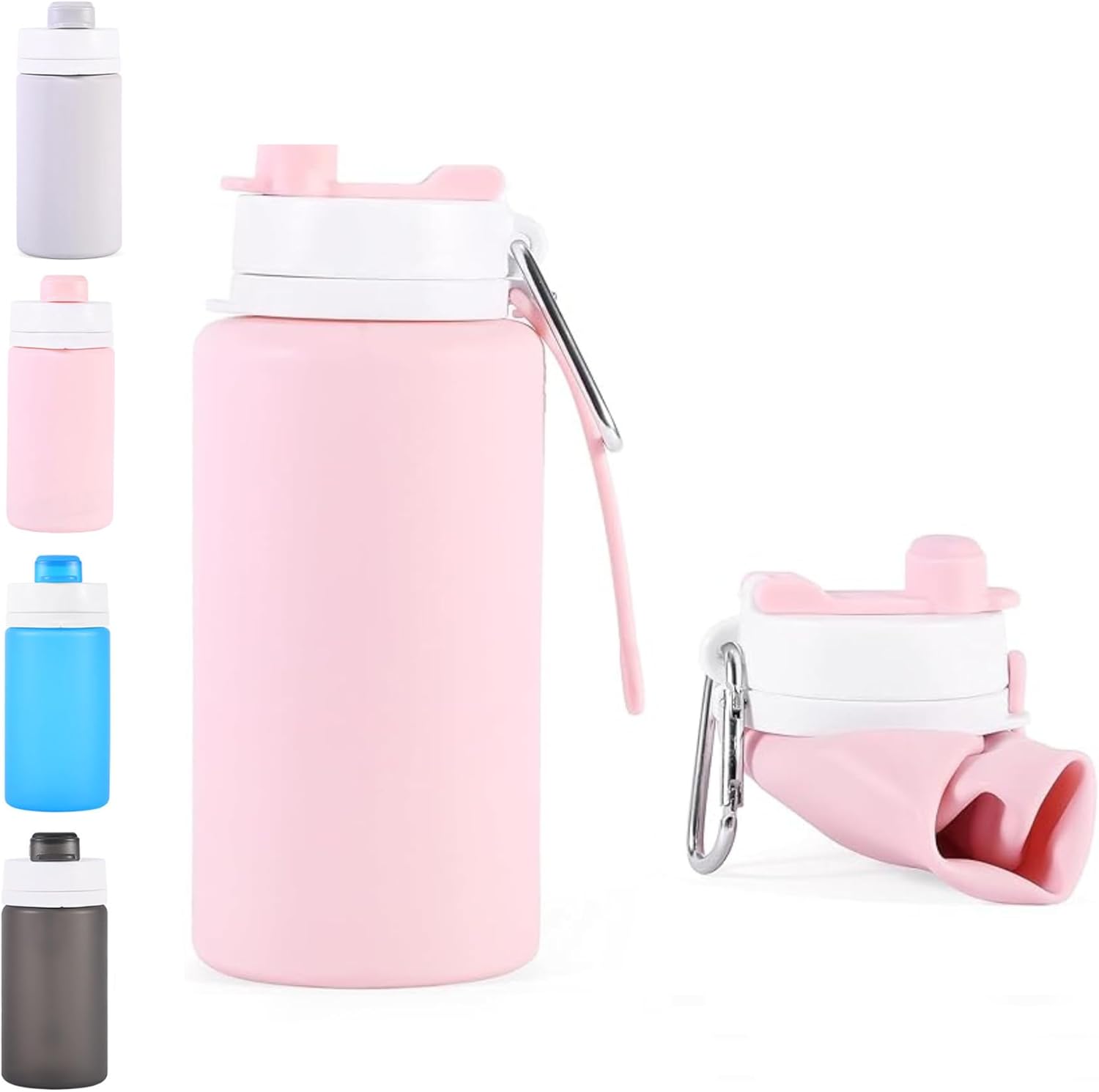 Botella de agua plegable con boquilla y mosquetón, silicona sin BPA y a prueba de fugas, perfecta para viajes, fitness, gimnasio, deportes,