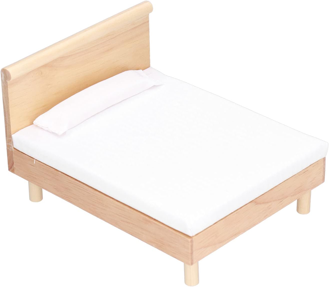 Cama doble para casa de muñecas, marco de madera, muebles en miniatura de roble, accesorios de decoración de casa de muñecas con almohada decorativa