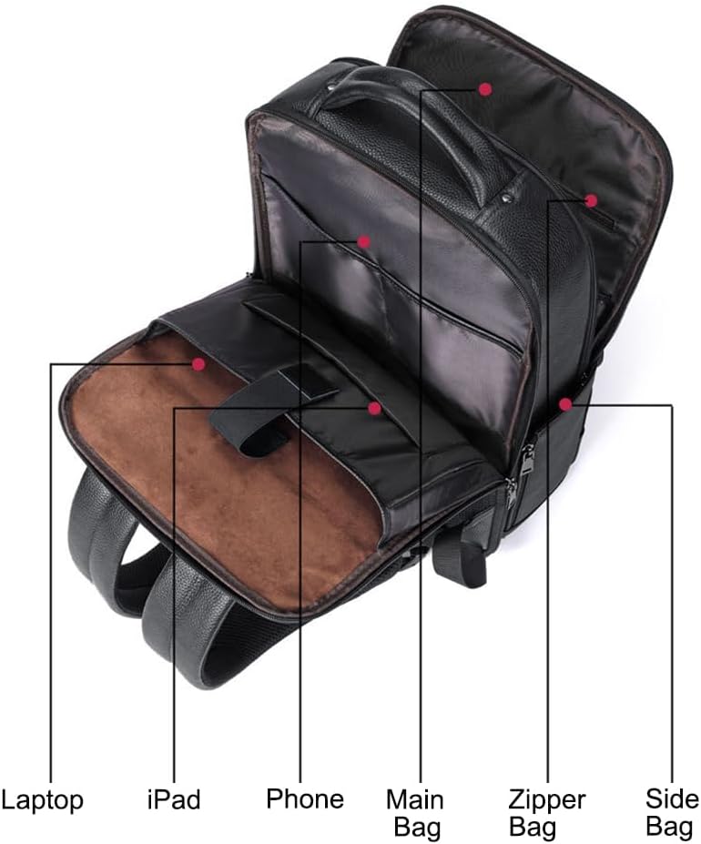 Genuine Leather 15.6 Inch Laptop Backpack for Men & Women, Black Business Travel Backpack, Hiking Rucksack Daypack