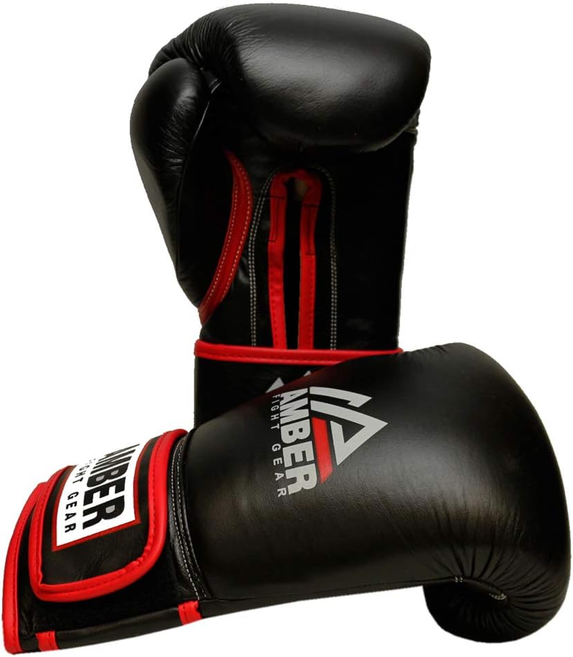 Amber Fight Gear Guantes de boxeo profesionales de cuero con gancho y bucle, guantes de boxeo para entrenamiento de kickboxing, guantes negros de 16