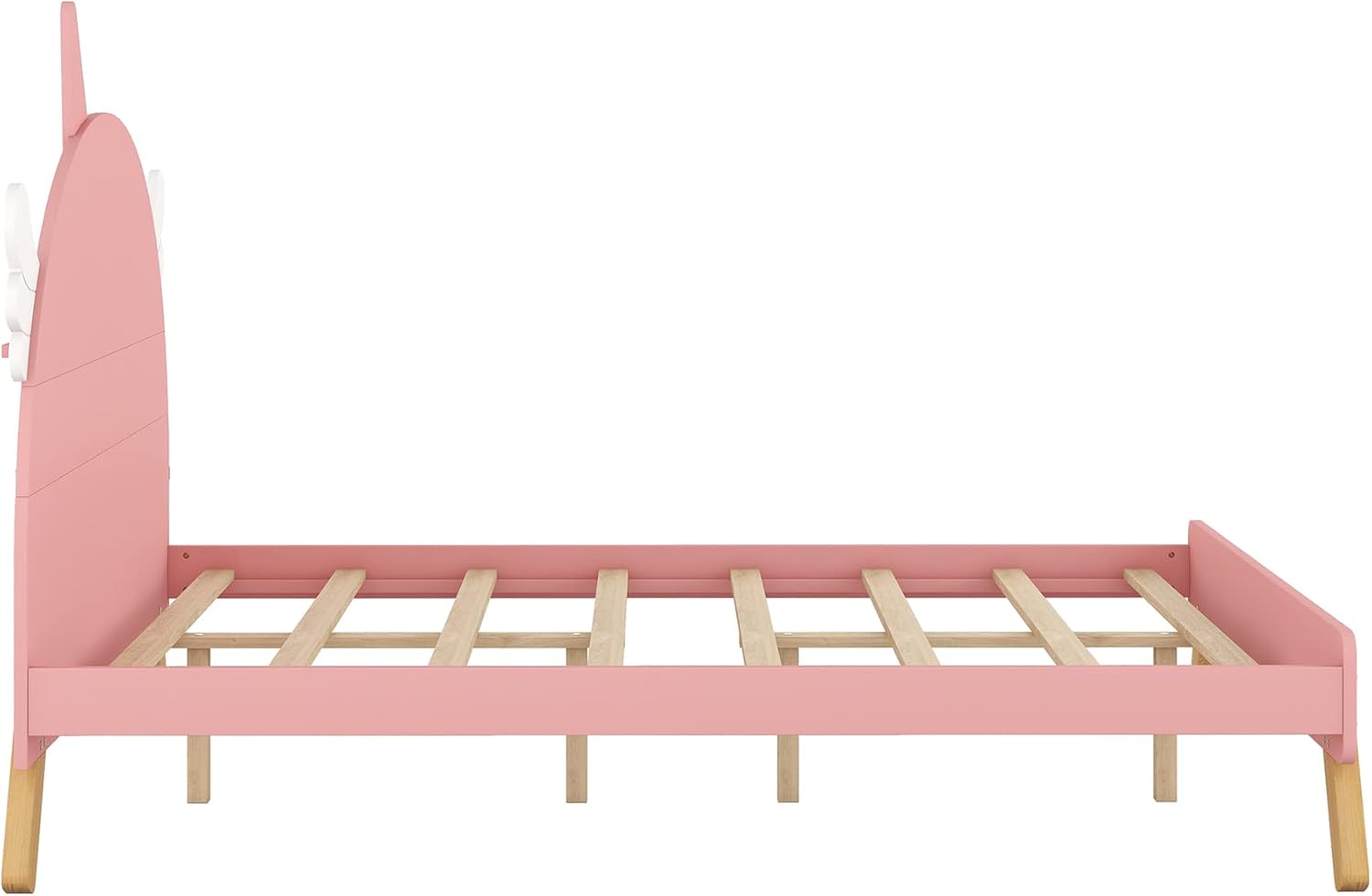 Cama de plataforma de tamaño matrimonial con cabecera en forma de unicornio, marco de cama de madera con soportes de listones, cama de tamaño