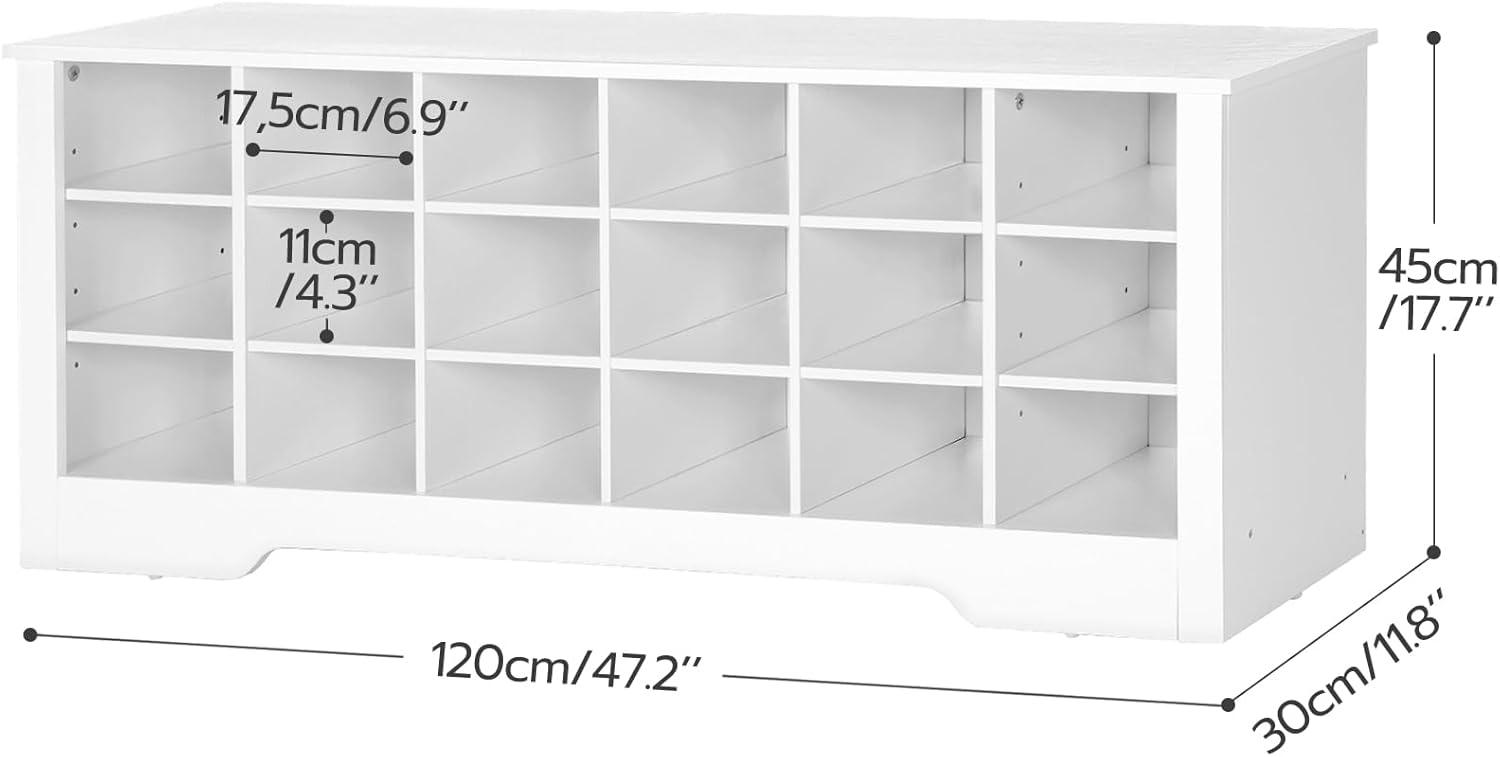 Banco de zapatos, banco de almacenamiento de zapatos de 18 cubículos, cubo multifuncional para zapatos, banco de entrada largo, estantes ajustables,