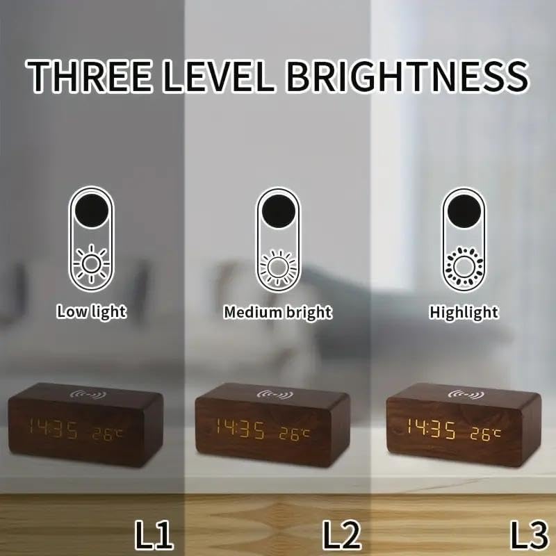 Reloj despertador digital, pantalla LED electrónica de madera, 3 ajustes de alarma, carga inalámbrica de 18 W, día de la semana, detección de